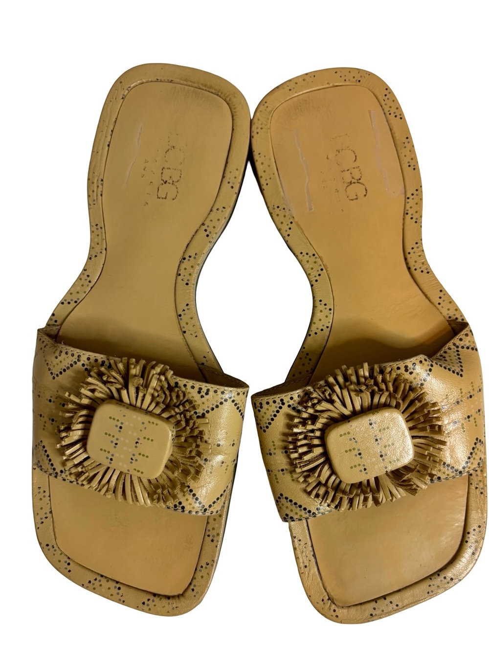 BCBGMaxAzria Mustard Tan Slide Sandals with Rosette Fringe